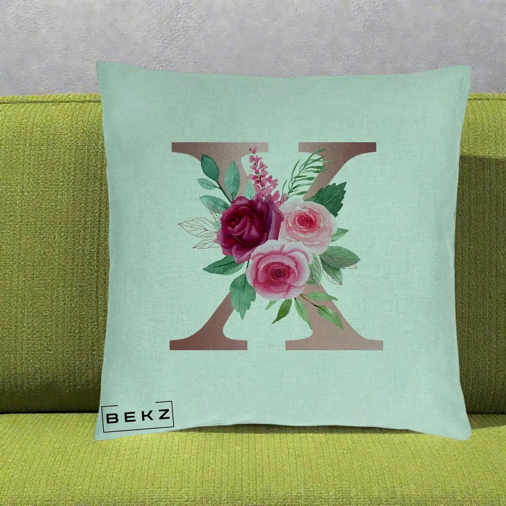 Cadou Personalizat - Perna Personalizata Monograma Rose Gold Litera X, 40x40 cm, Verde Menta, Husa Detasabila, Perna Inclusa, BEKZ®