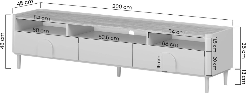 Comodă TV Amilio 200 cm pe picioare - eucalipt / stejar baltic dune / mânere stejar natural