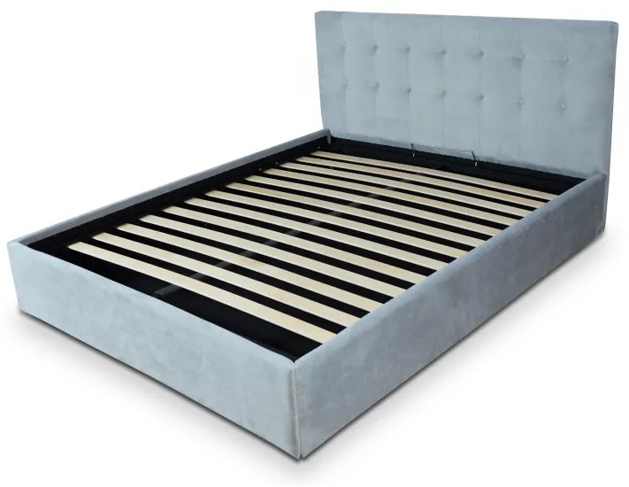 Pat tapitat cu material textil, 180 x 200, cu somiera rabatabila si lada depozitare, Culoare Gri, Kurt