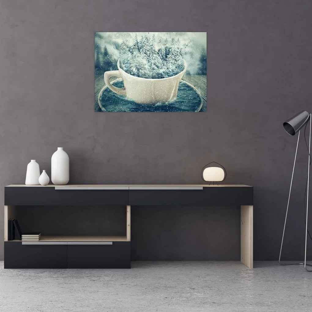 Tablou pe sticlă - Lumea de iarnă într-o căniță (70x50 cm)