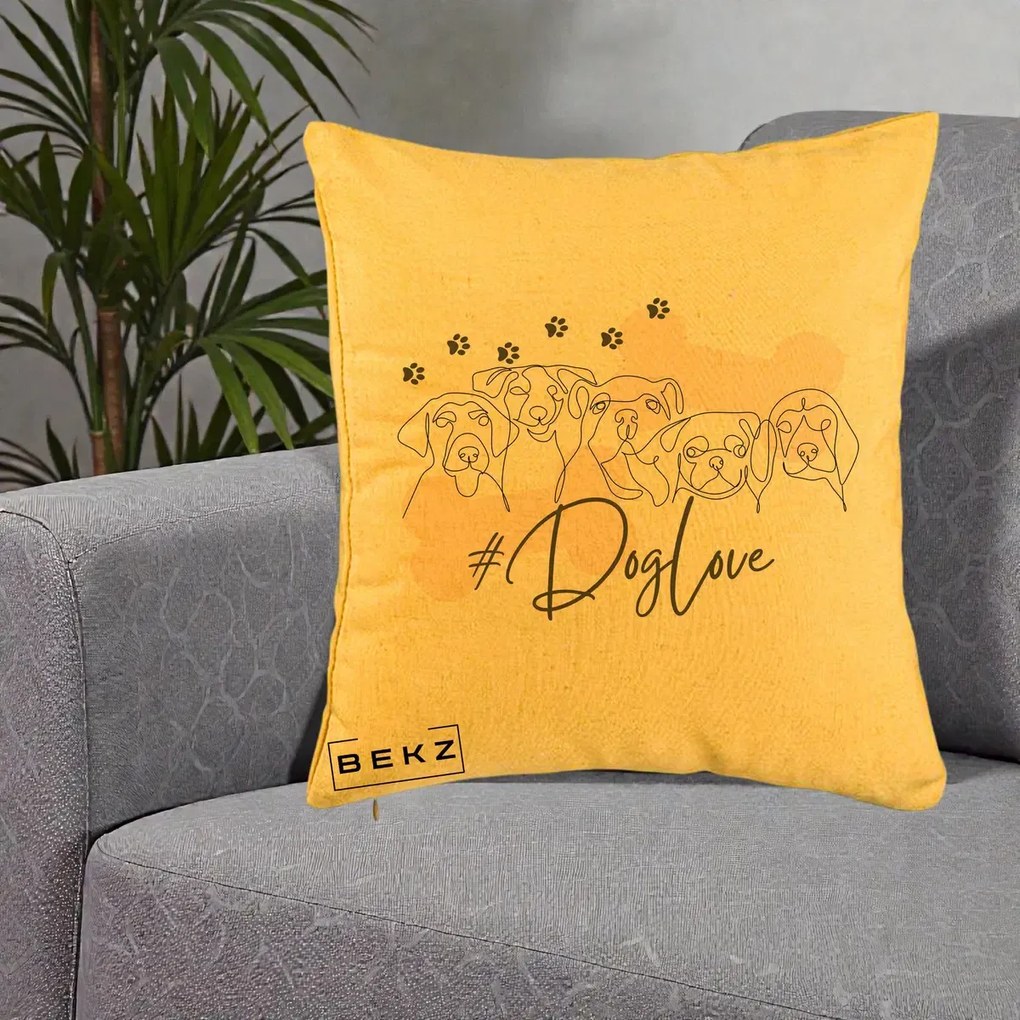 Perna Personalizata Dog Love Linie Minimalista, 40x40 cm, Galben, Husa Detasabila, Perna Inclusa, BEKZ®