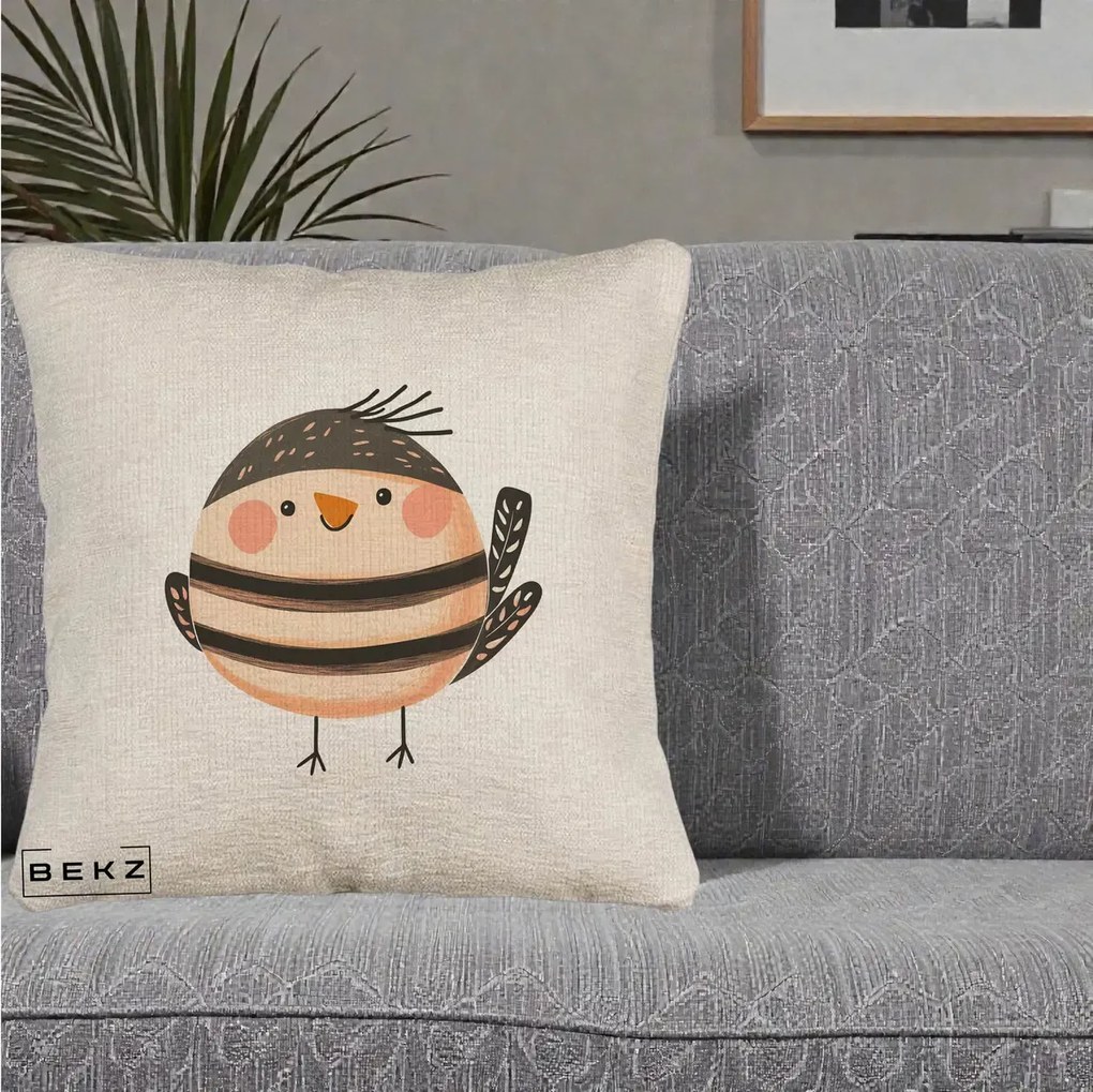 Perna Decorativa Pui Kawaii Bej-Negru Dungat, 40x40 cm, Bej Canapea, Husa Detasabila, Perna Inclusa, BEKZ®