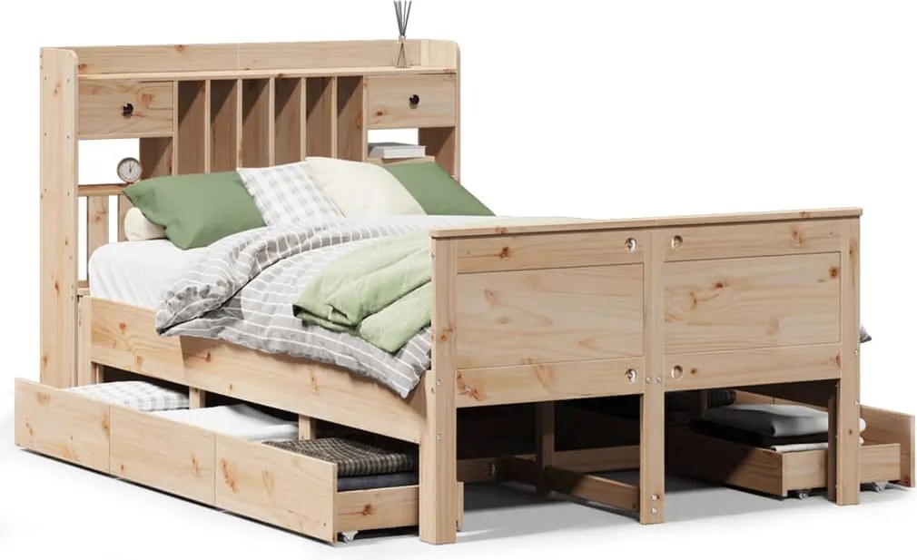 vidaXL Pat cu bibliotecă fără saltea, 135x190 cm, lemn masiv de pin