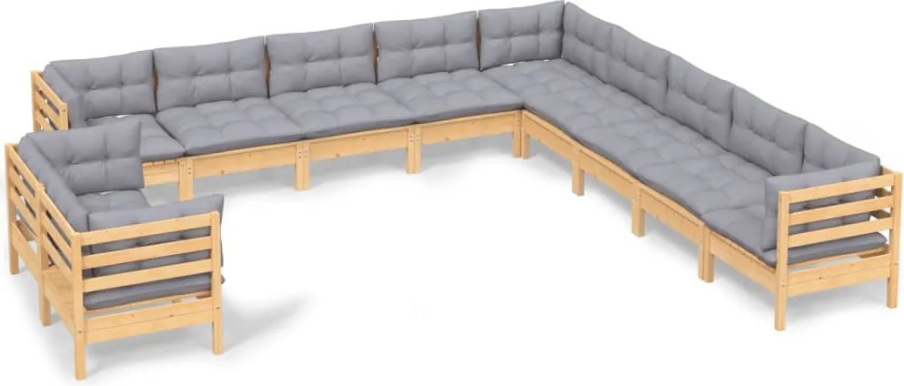 vidaXL Set mobilier grădină cu perne, 11 piese, gri, lemn masiv pin
