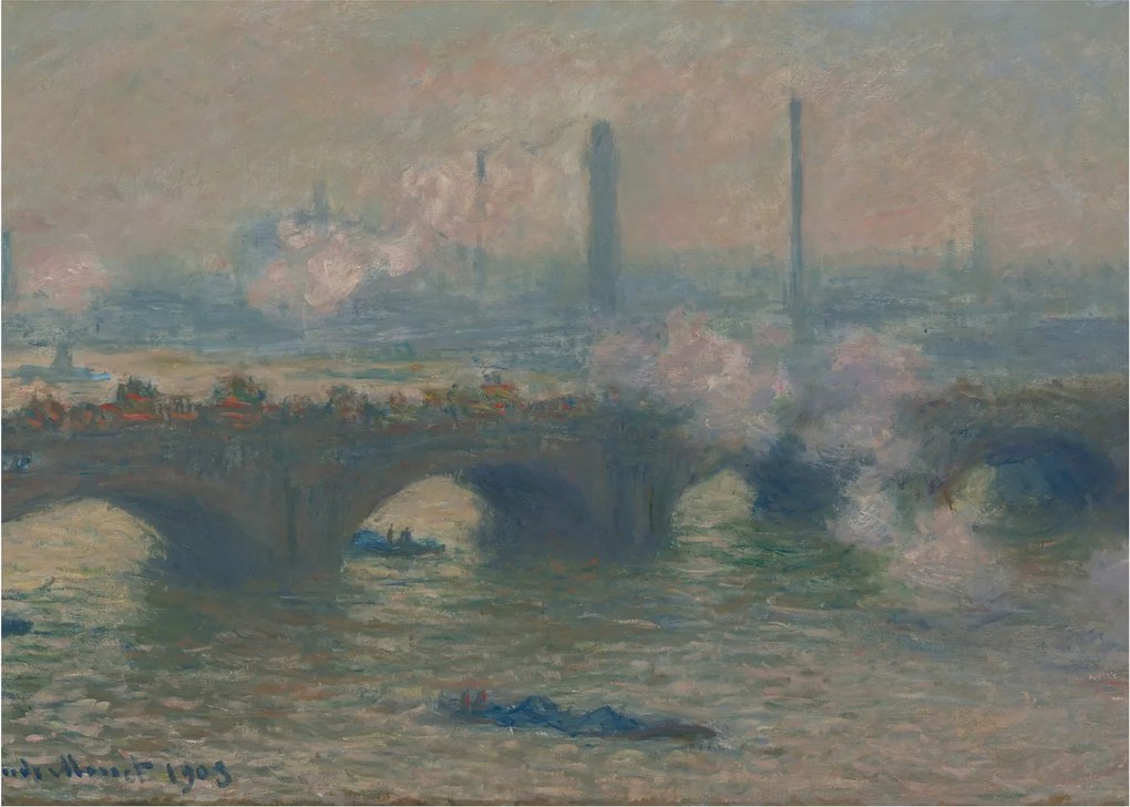 Tablou pe sticlă - Claude Monet, Waterloo Bridge, Gray Day, reproducere (70x50 cm)