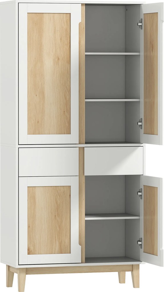 HOMCOM Bufet înalt de bucătărie, dulap de bucătărie cu 4 uși, 2 sertare și rafturi reglabile, 80x35x170cm, alb și stejar | Aosom Romania