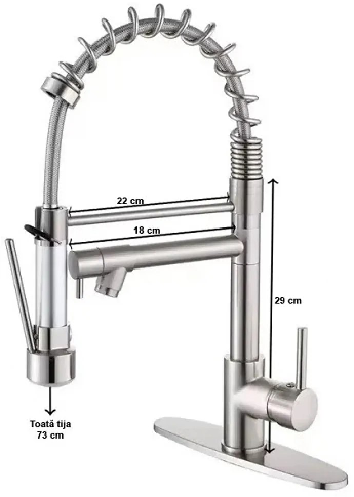 Baterie de bucatarie cu LED, pipă flexibilă, două căi evacuare apă, pulverizator detașabil, pivotant, 360°, cu blocare, oțel inoxidabil, Crom, F04