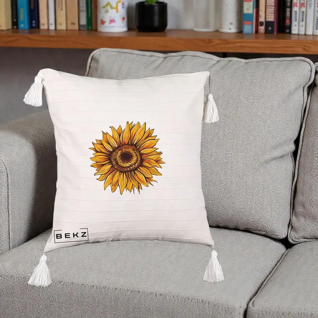 Perna Decorativa Floarea Soarelui Vibranta, 40x40 cm, Bej cu Franjuri, Husa Detasabila, Perna Inclusa, BEKZ®