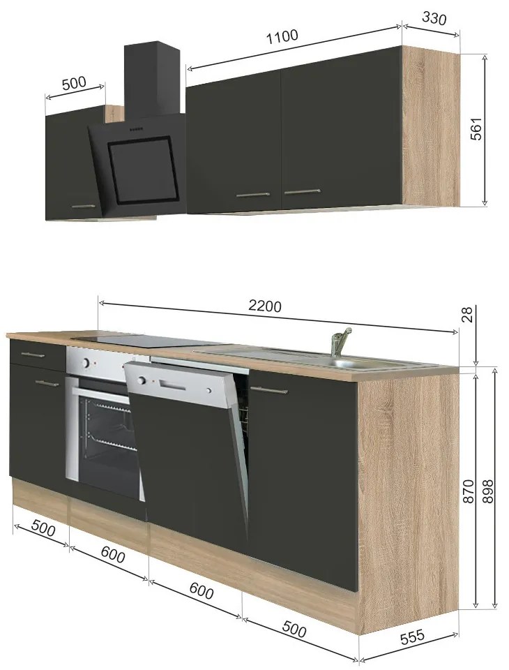Mobilă de bucătărie Yorki 220, corp din stejar sonoma, față antracit satinat cu element inferior al cuptorului