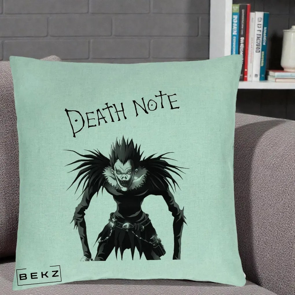 Perna Personalizata Death Note Ryuk Shinigami Alb-Negru, 40x40 cm, Verde Menta, Husa Detasabila, Perna Inclusa, BEKZ®