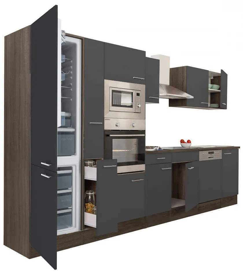 Mobilă de bucătărie Yorki 370, corp din stejar Yorki, față antracit satinat, frigider cu congelator în partea de jos