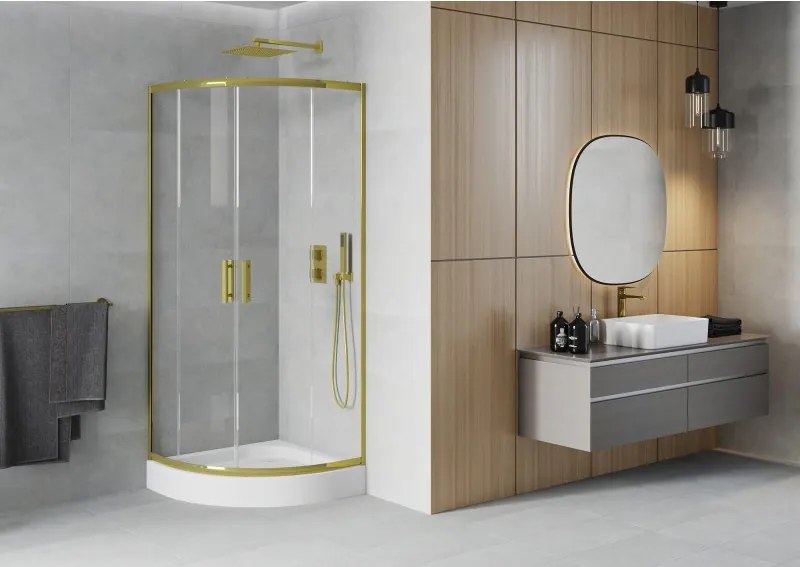 Mexen Rio cabina de duș semirotundă 80 x 80 cm, transparentă, auriu + cadă de duș, albă - 863-080-080-50-00-4710