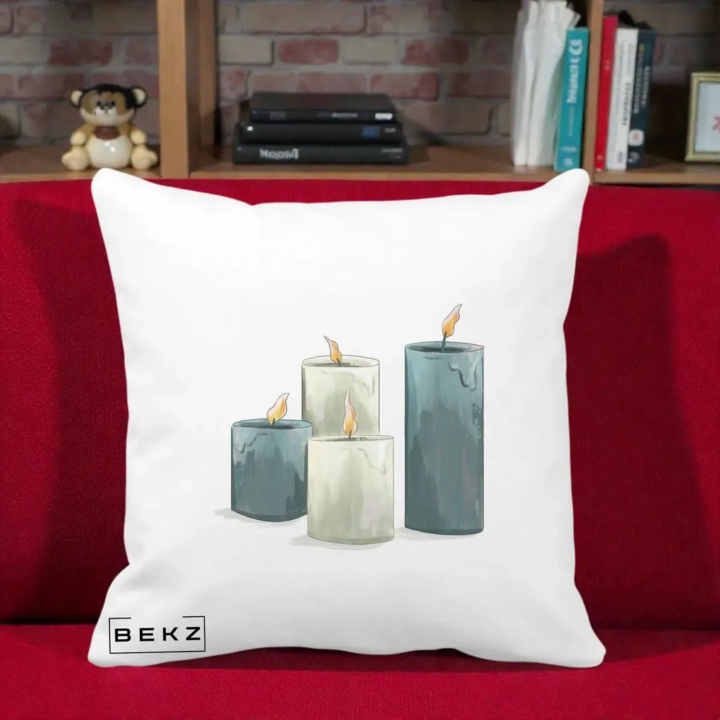 Perna Decorativa Lumanari Hygge Alb-Verde, 40x40 cm, Alba Mata, Husa Detasabila, Perna Inclusa, BEKZ®