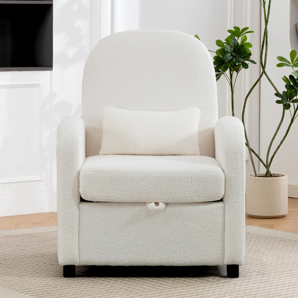HOMCOM Fotoliu Tapițat cu Spațiu Ascuns, Spătar Înalt, Fotoliu Modern cu Brațe și Pernă Lombară, Material Teddy, pentru Dormitor și Sufragerie, Crem | Aosom Romania