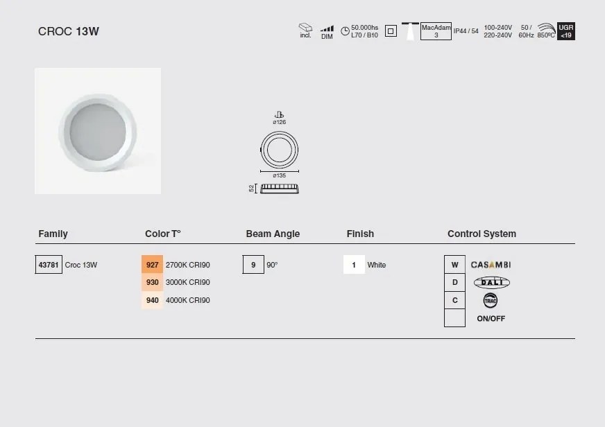 Spot LED incastrabil CROC recessed white 13W 13,5cm 90 grade 2700K CRI90 triac