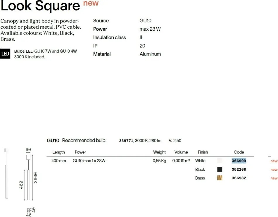 Pendul modern minimalist LOOK SP1 SQUARE D40 H400 NERO