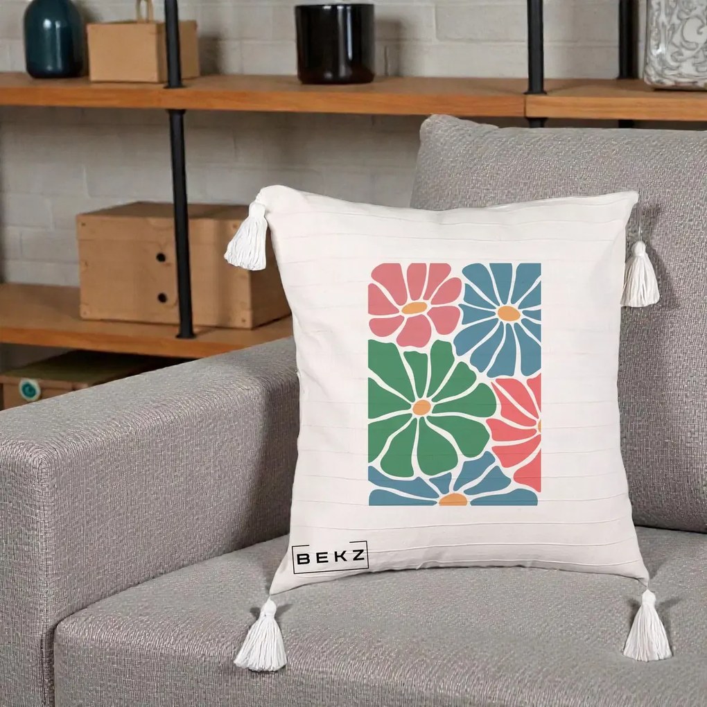 Perna Decorativa Flori Grafice Verde-Roz-Albastru, 40x40 cm, Bej cu Franjuri, Husa Detasabila, Perna Inclusa, BEKZ®