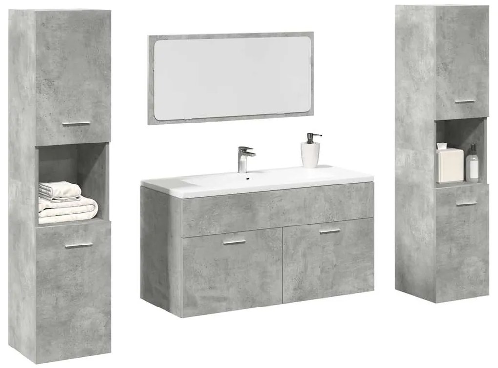 vidaXL Set mobilier de baie, 4 piese, gri beton, lemn compozit