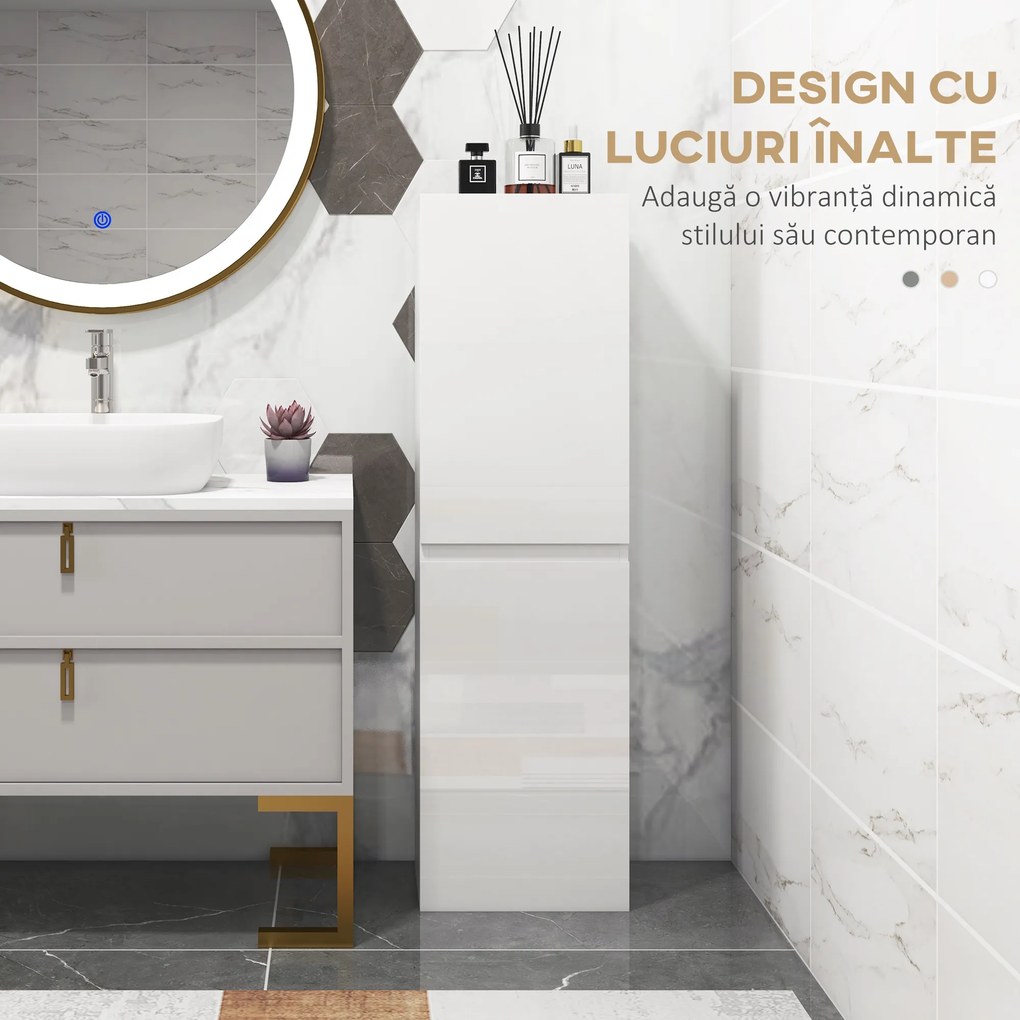 kleankin Dulap Înalt pentru Baie, Dulap cu Finisaj Lucios, Rafturi Reglabile, 2 Dulapuri, Organizator Baie, 35 x 25 x 120 cm, Alb Lăcuit | Aosom Romania