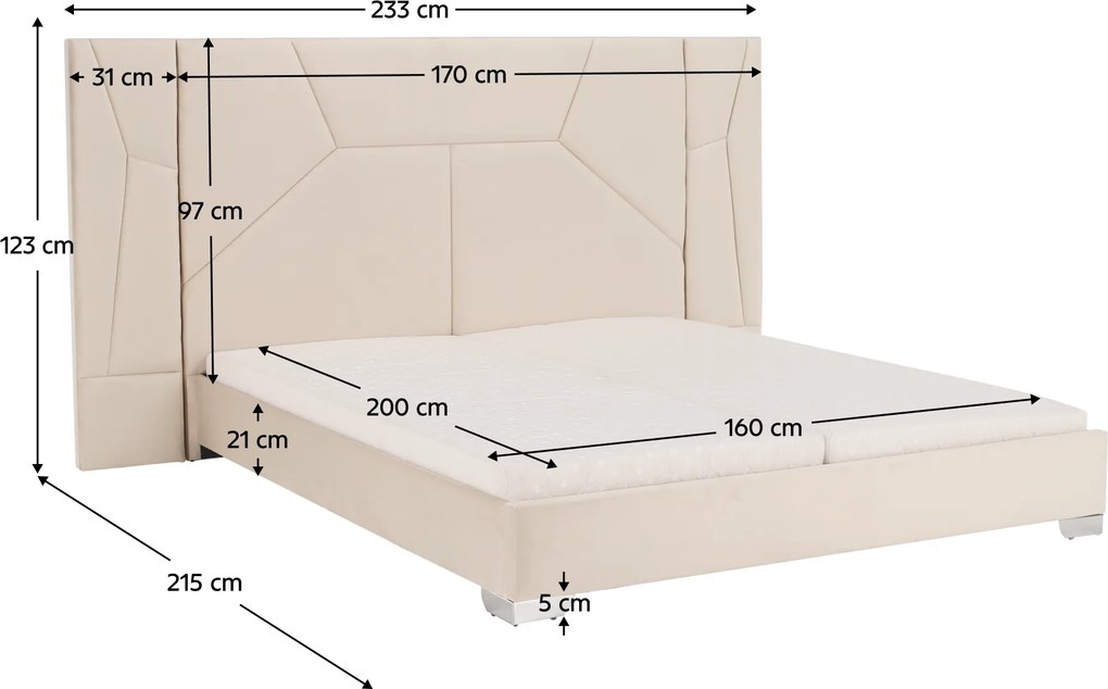 Pat cu somieră şi iluminare LED, 160x200, ţesătură Velvet bej, ALTESA
