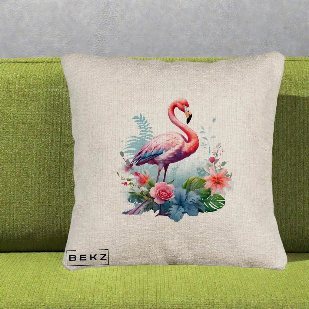 Perna Decorativa Flamingo cu Flori Tropicale Acuarela, 40x40 cm, Bej Canapea, Husa Detasabila, Perna Inclusa, BEKZ®