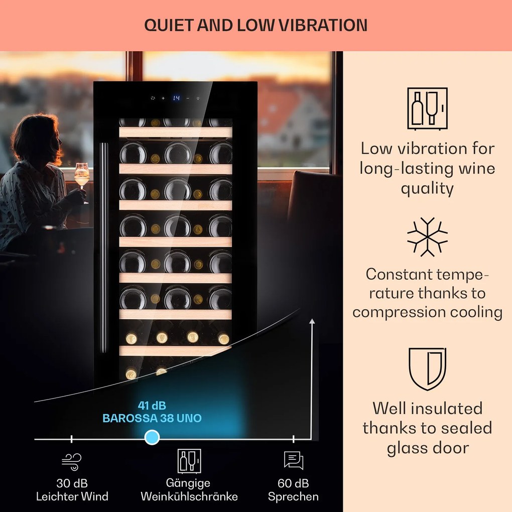 Klarstein Barossa 38 Uno, frigider pentru vin, 1 zonă, 94 litri/38 sticle, ecran tactil