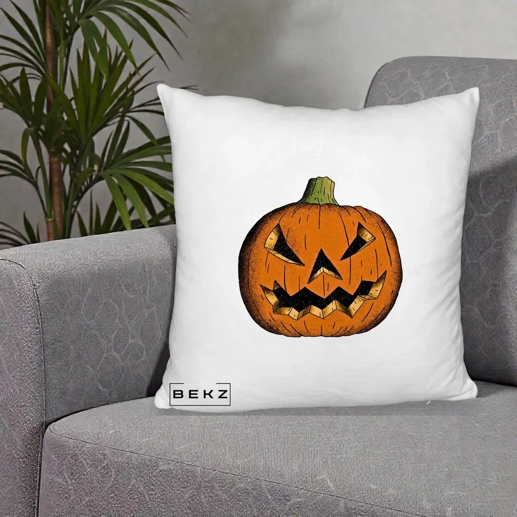 Perna Decorativa Halloween Dovleac Portocaliu Clasic, 40x40 cm, Alb Pufos, Husa Detasabila, Perna Inclusa, BEKZ®