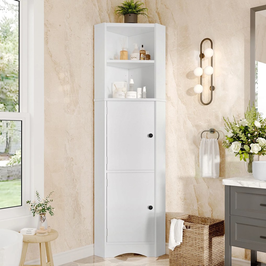 Dulap de baie triunghiular cu două rafturi deschise, pereți despărțitori reglabili, 51,7x32x155,4 cm, Alb