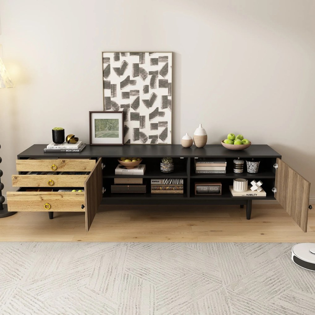 Comodă TV cu 2 uși și 3 sertare, panouri ale ușilor cu model unic în valuri, 180x38x50 cm, Culoare naturală