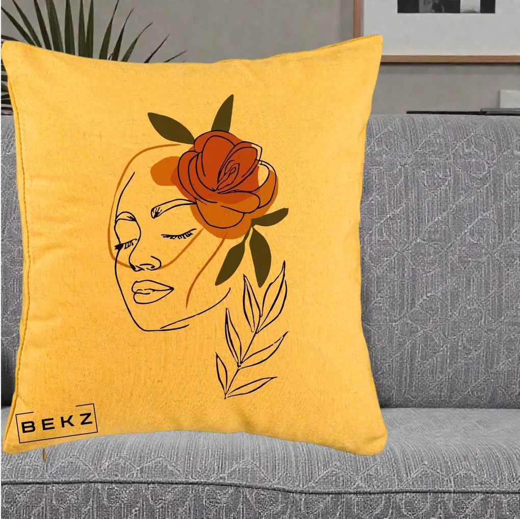 Perna Decorativa Portret Feminin Trandafir Ruginiu, 40x40 cm, Galben, Husa Detasabila, Perna Inclusa, BEKZ®
