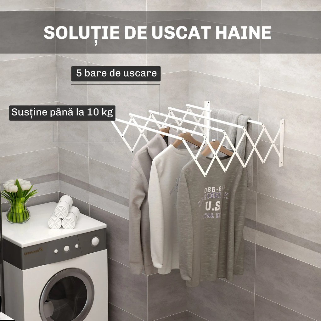 HOMCOM Uscător de Rufe Retractabil pentru Perete, Uscător Pliabil Economisitor de Spațiu din Metal pentru Interior și Exterior, 63,5x60x20 cm, Alb | Aosom Romania