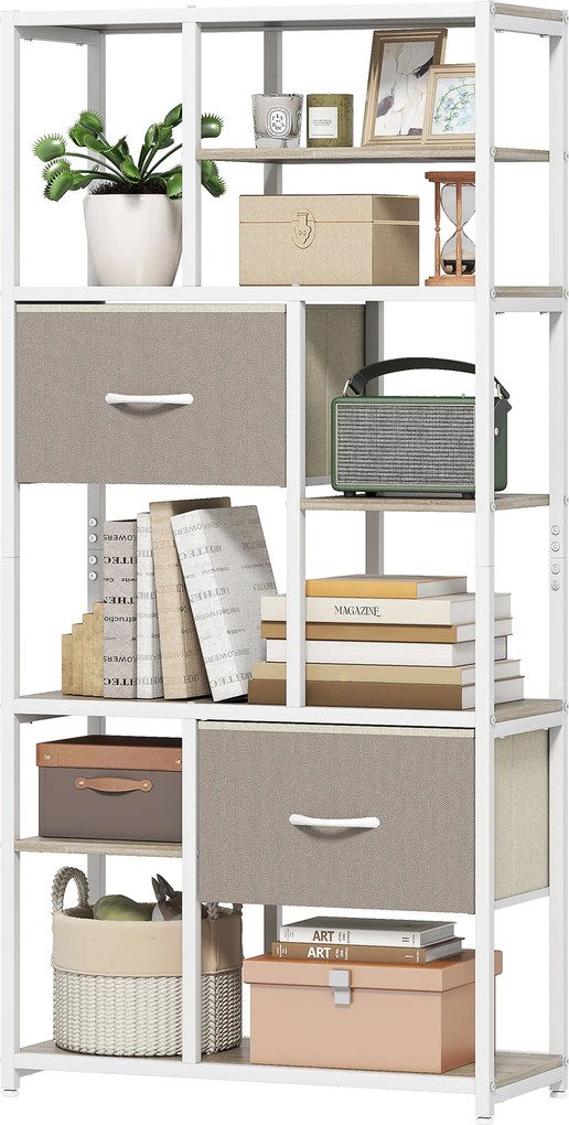 HOMCOM Etajeră de depozitare 6 niveluri, bibliotecă cu 2 sertare din țesătură, 9 rafturi deschise, 72,5 x 30 x 150 cm, alb | Aosom Romania