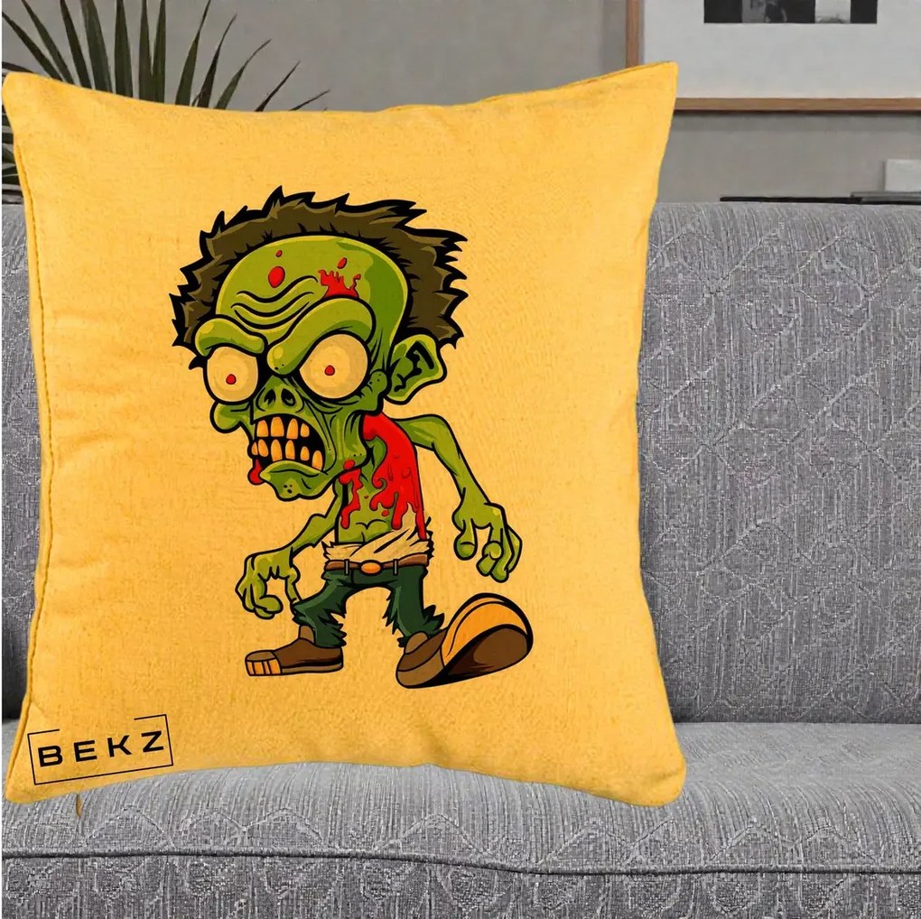 Perna Decorativa Zombie Halloween, 40x40 cm, Galben, Husa Detasabila, Perna Inclusa, BEKZ®