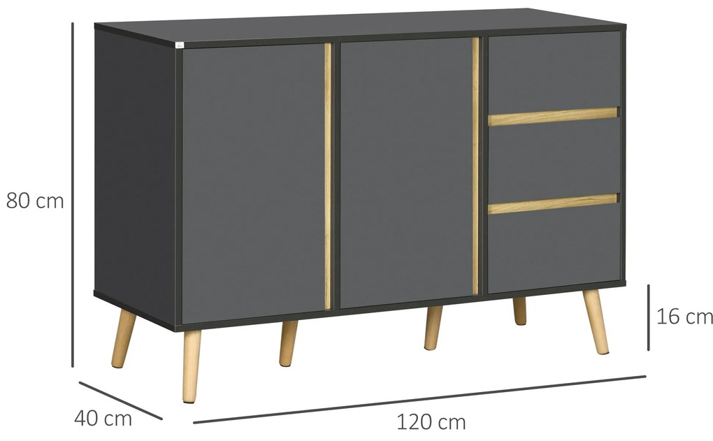 HOMCOM Bufet jos mobilier de depozitare pe picioare stil scandinav 2 usi 3 sertare 120 x 40 x 80 cm gri antracit | Aosom Romania