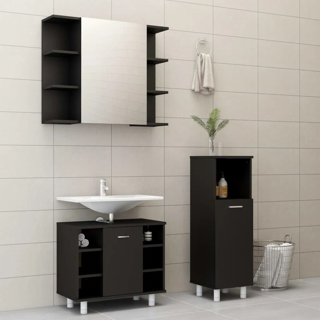 vidaXL Set mobilier de baie, 3 piese, negru, lemn prelucrat