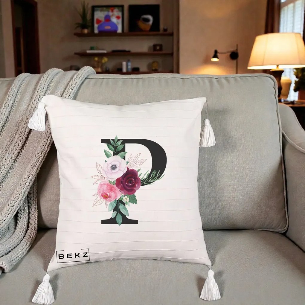 Cadou Personalizat - Perna Personalizata Monograma Florala Litera P, 40x40 cm, Bej cu Franjuri, Husa Detasabila, Perna Inclusa, BEKZ®