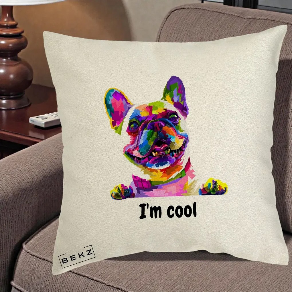 Perna Personalizata Bulldog Francez I'm Cool, 40x40 cm, Ecru, Husa Detasabila, Perna Inclusa, BEKZ®