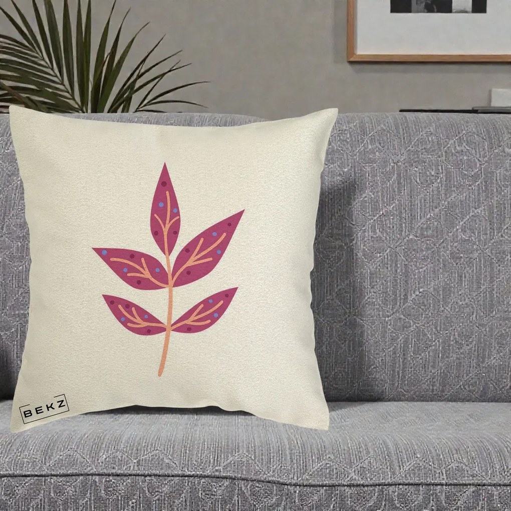 Perna Decorativa Ramura Botanica Mov, 40x40 cm, Ecru, Husa Detasabila, Perna Inclusa, BEKZ®
