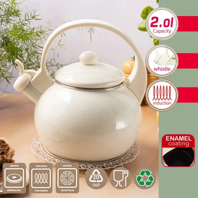 Ceainic cu fluier Kinghoff KH 2040, 2 l, Interior emailat, Toate plitele inclusiv inductie, Crem
