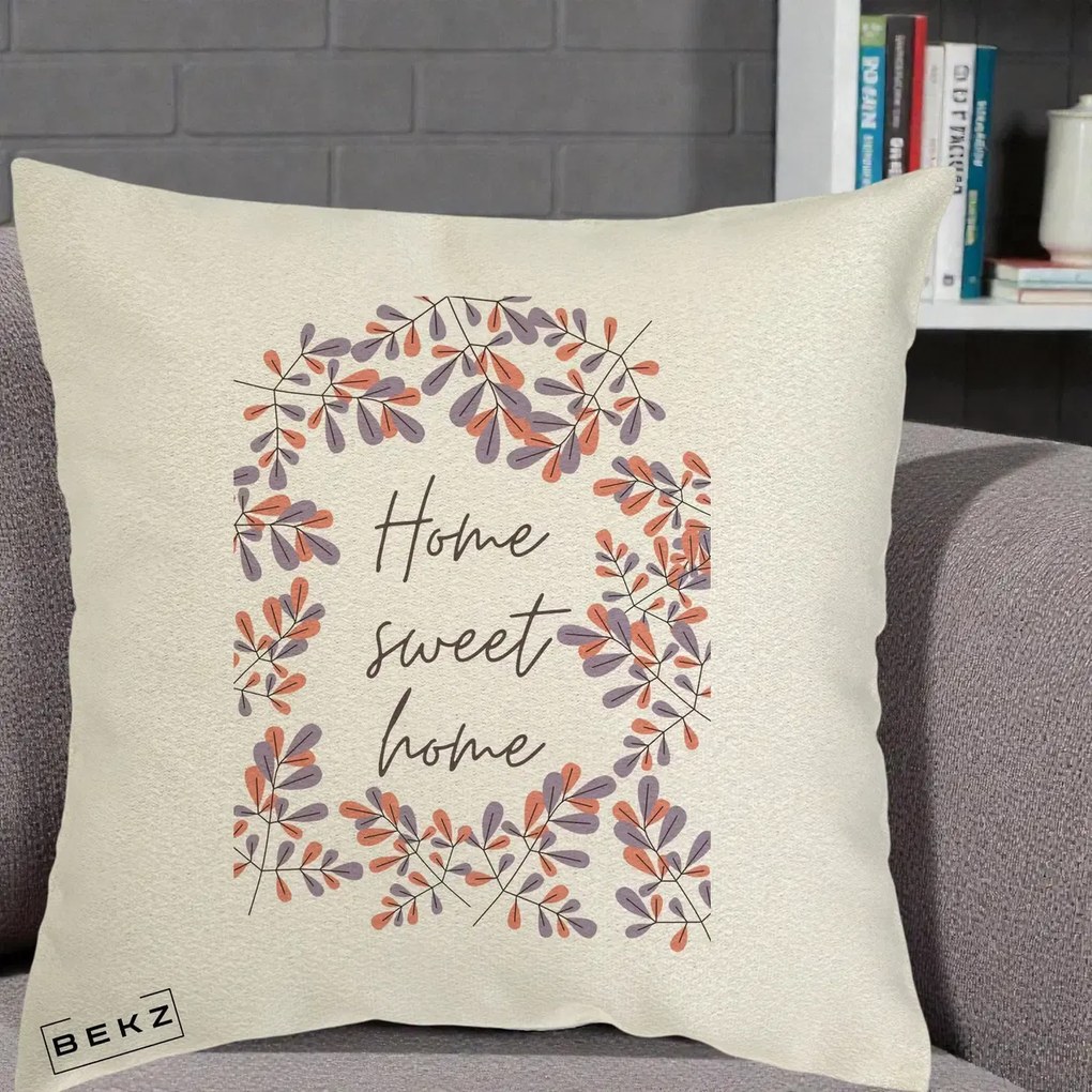 Perna decorativa Home Sweet Home Frunze Colorate, 40x40 cm cu Umplutura, Ecru, BEKZ