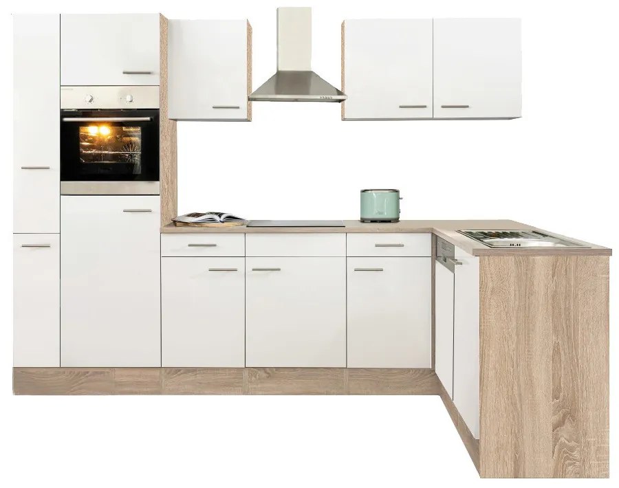 Mobilă de bucătărie de colț Yorki 310, corp din stejar Sonoma, cu față alb satinat