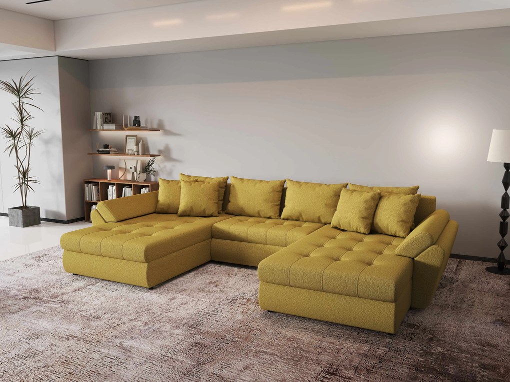 Colțar extensibil dumonde cu ladă de depozitare si sezut confortabil din spuma high-density, Loana U Enjoy Melon 355x185 cm