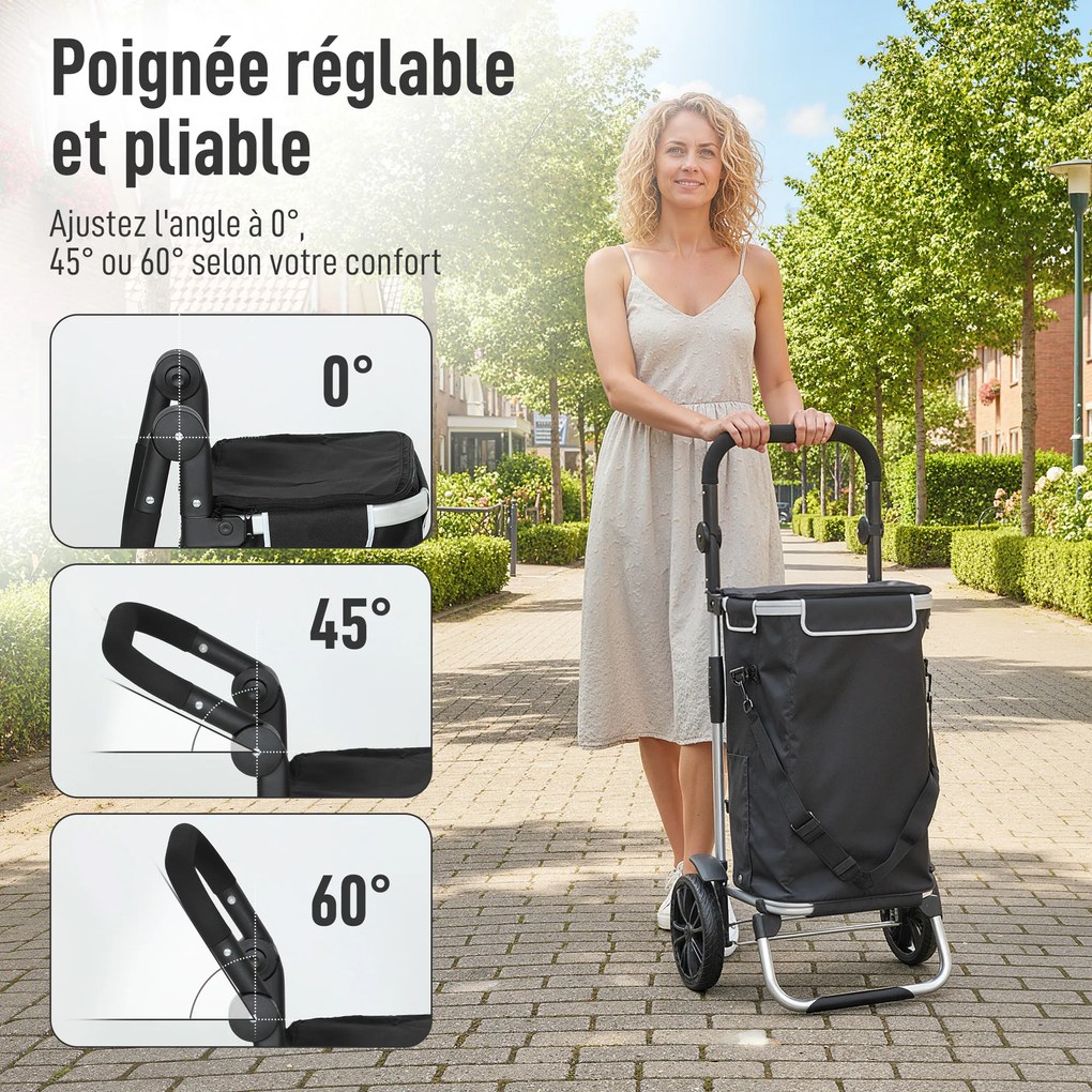 HOMCOM Cărucior de cumpărături pliabil 40 L caddie portabil pe roți cu mâner telescopic, 45,5x35,5x97cm, negru | Aosom Romania