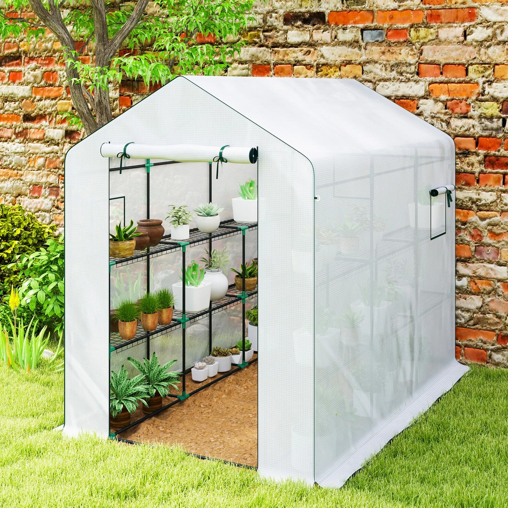 Outsunny Sera de grădină 3 m² cu rafturi 3 niveluri, PE renforcée 135 g/m² anti-UV, ușă rulabilă și ferestre din plasă | Aosom Romania