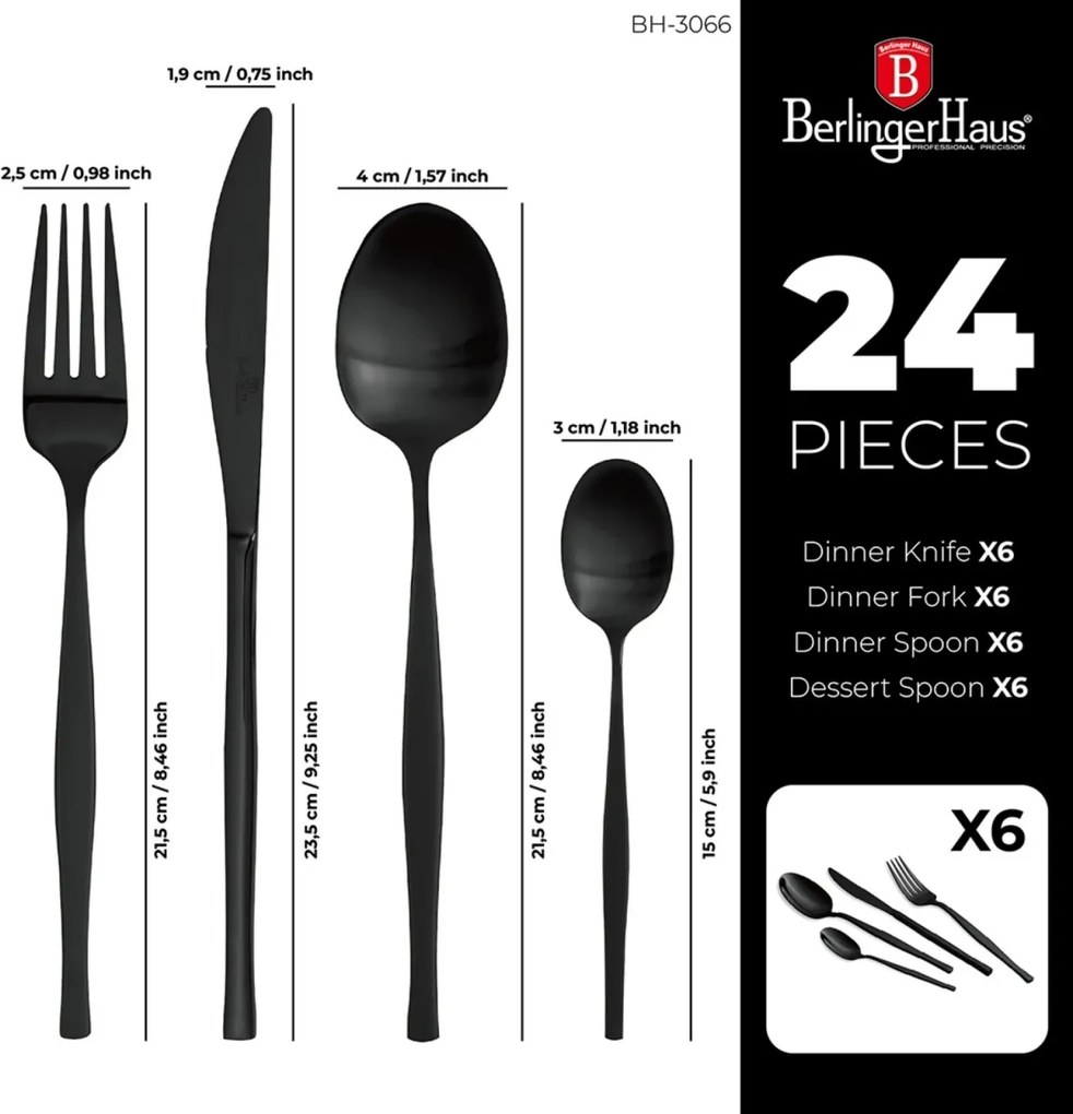 Set tacamuri 24 piese, 6 persoane, negru oglinda Berlinger Haus BH 3066