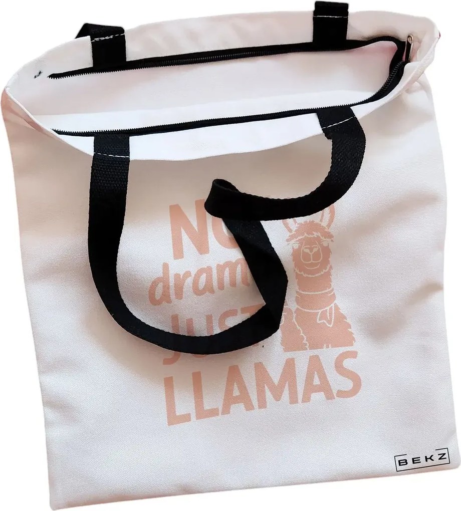 Sacosa de Panza pentru Cumparaturi, Geanta Tote, model No drama, Just llamas, Cu fermoar, 38x34.5 cm, Alba, BEKZ®