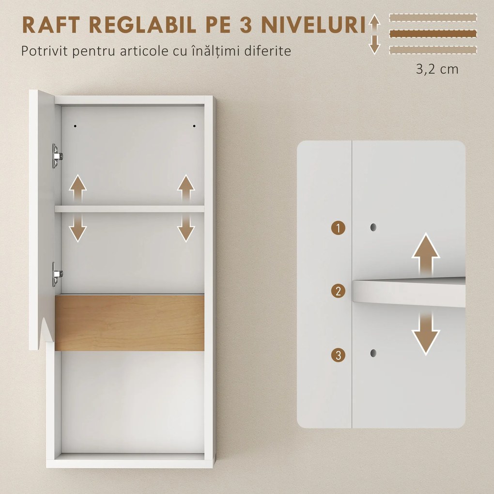 HOMCOM Dulap Suspendat pentru Baie cu Raft Deschis și Dulăpior Soft Close, Dulap cu Poliță Reglabilă, Spațiu de Depozitare Pe Perete, 30x17x67 cm, Alb și Lemn Natural | Aosom Romania
