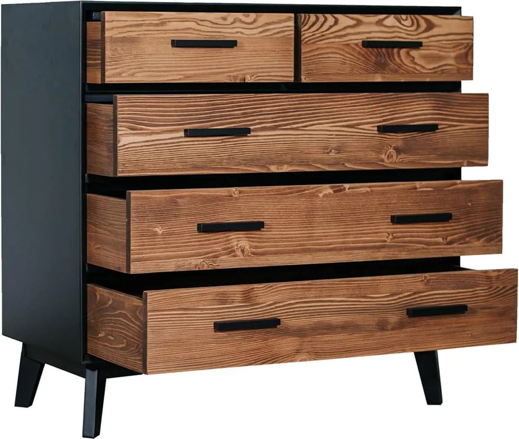 Comodă lemn masiv Timeless 3+2 Sertare Negru, 98 × 45 × 85 cm