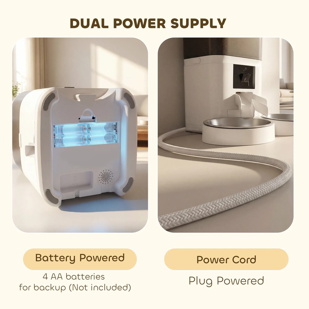 PawHut Distribuitor Automat Hrană Pisici 6L WiFi 2.4G, Control prin Aplicație cu Timer, 1-10 Mese pe Zi, Înregistrare 10s, 2 Boluri din Oțel Inoxidabil | Aosom Romania