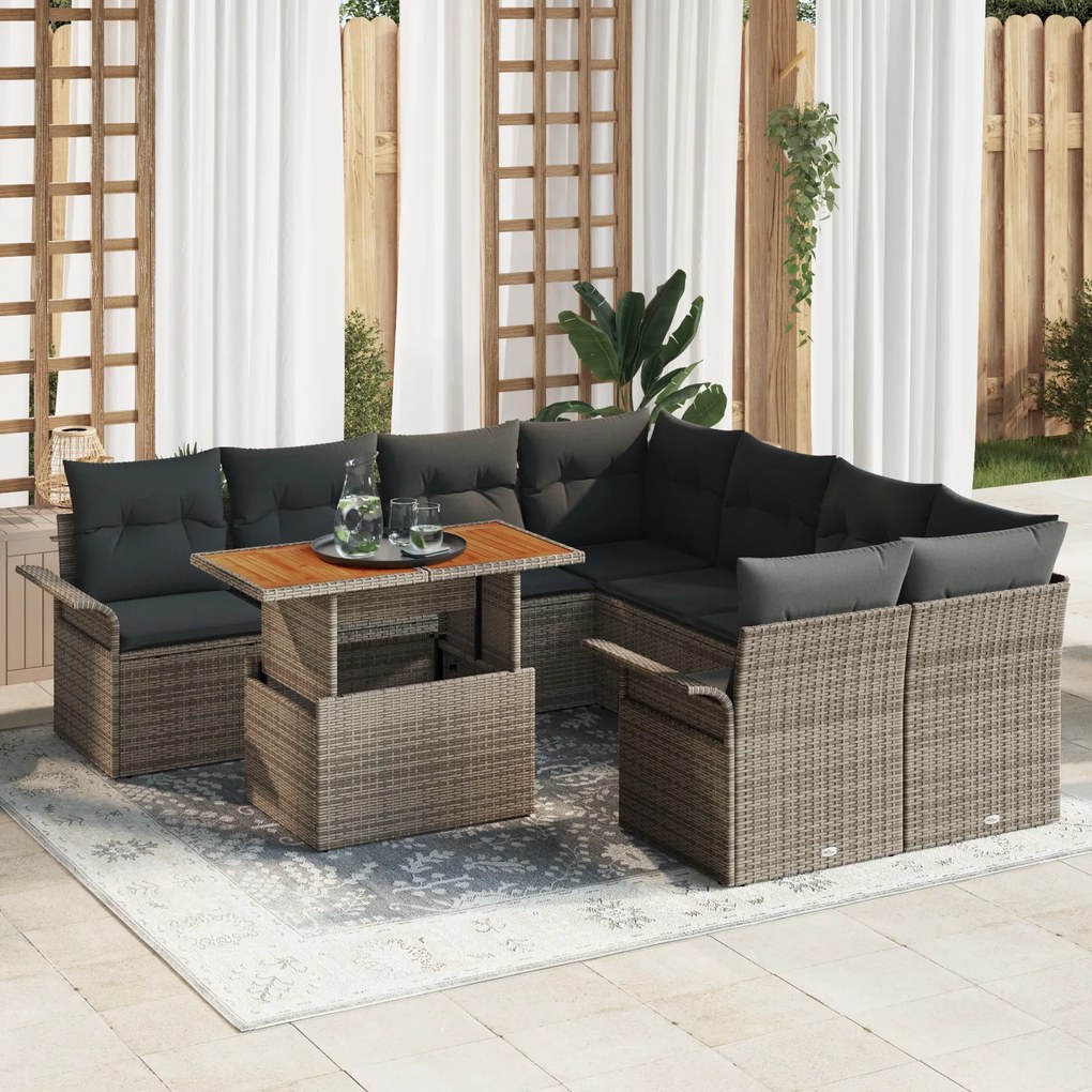 vidaXL Set de canapea de grădină cu 9 piese și perne gri din rattan poliesteric și acacia